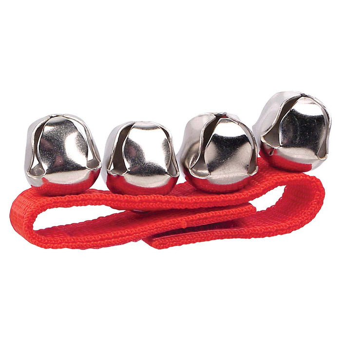 The Toysmith Jazzy Jingles by Toysmith features four small silver bells on a bright red strap, making it a festive holiday noisemaker perfect as a musical toy or cheerful decoration.
