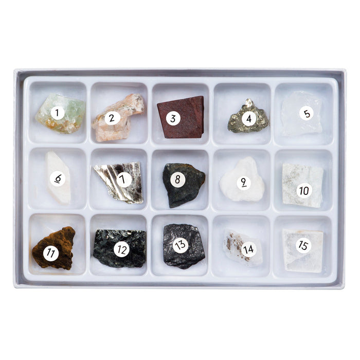 The Toysmith Mineral Science Kit by Toysmith features 15 labeled rock and mineral specimens in a display box, each in its own compartment—an ideal STEM toy for curious minds.