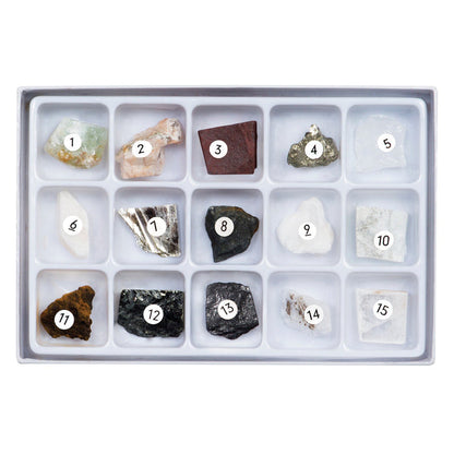 The Toysmith Mineral Science Kit by Toysmith features 15 labeled rock and mineral specimens in a display box, each in its own compartment—an ideal STEM toy for curious minds.