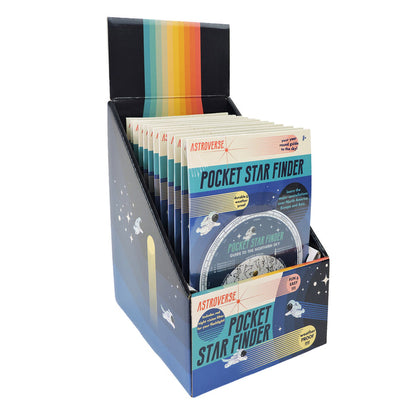 A display box holds several Toysmith Pocket Star Finder units from Astroverse, a fun STEM activity with illustrated covers showing stars, a spaceship, and a colorful rainbow design inside the display lid.