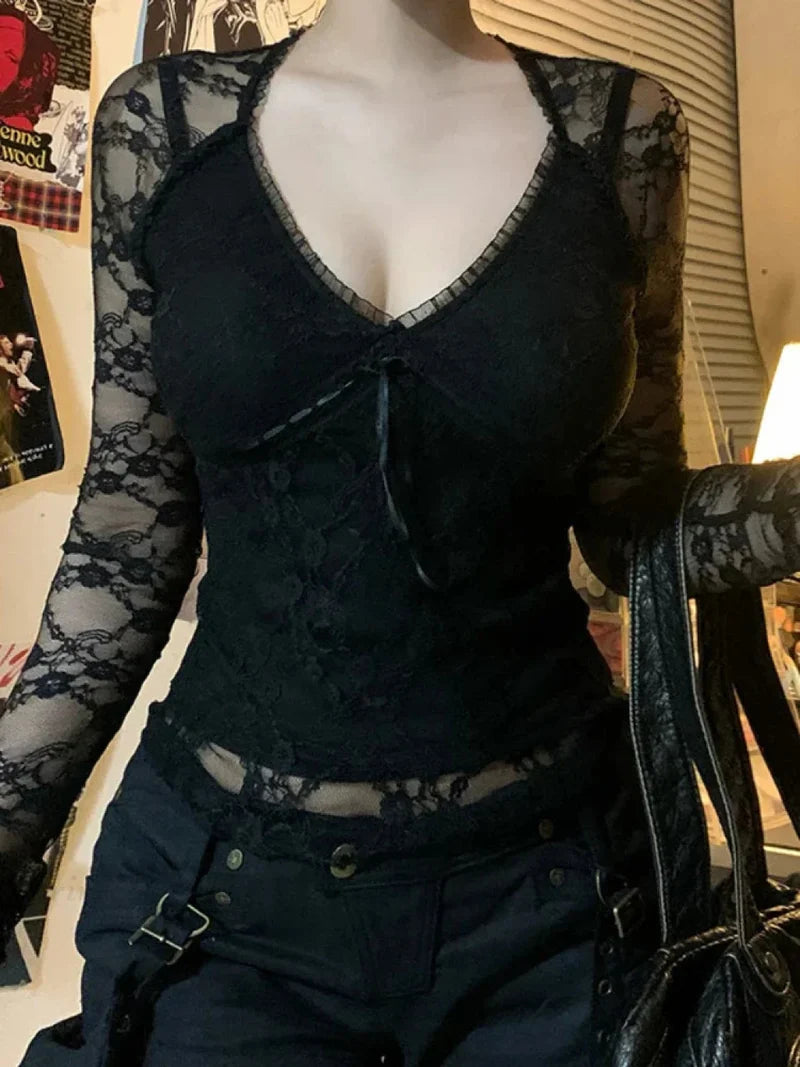 Transparent Lace V-neck Knitted Top