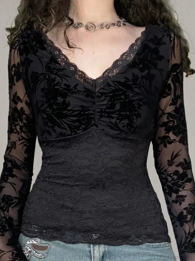 Transparent Lace V-neck Knitted Top