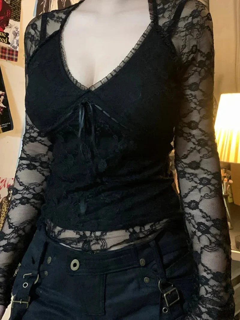 Transparent Lace V-neck Knitted Top
