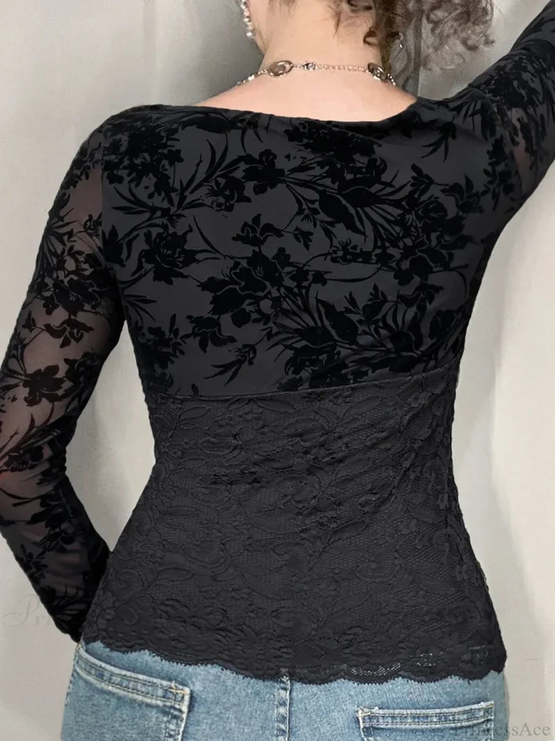 Transparent Lace V-neck Knitted Top
