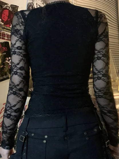 Transparent Lace V-neck Knitted Top