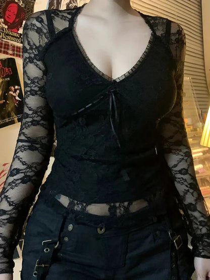 Transparent Lace V-neck Knitted Top Black / S