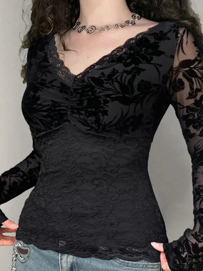 Transparent Lace V-neck Knitted Top Black / S