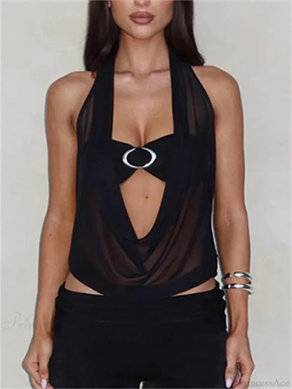 Transparent Mesh Halter Crop Top black / S