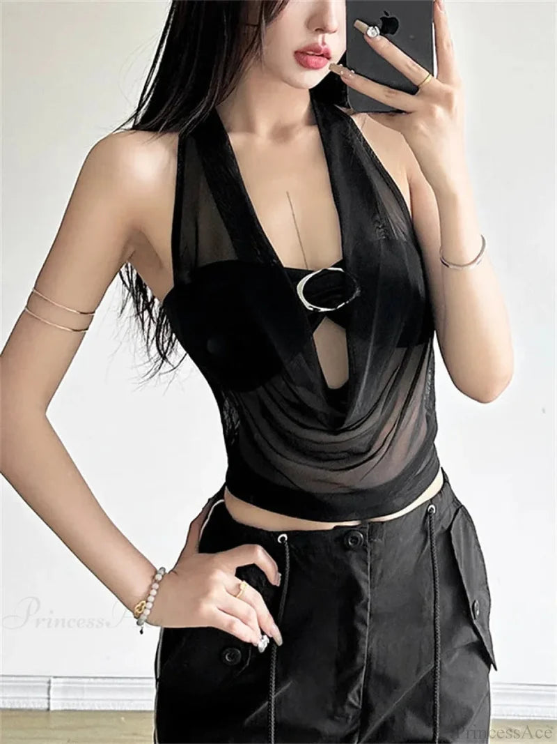 Transparent Mesh Halter Crop Top black / S