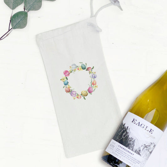 Tulips and Speckled Egg Wreath - Easter Canvas Wine Bag