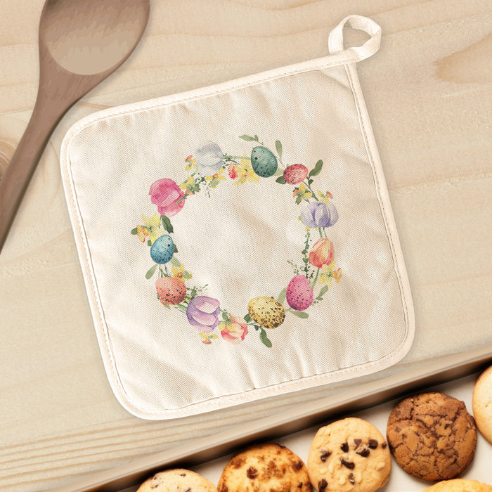 Tulips and Speckled Egg Wreath - Easter Cotton Pot Holder