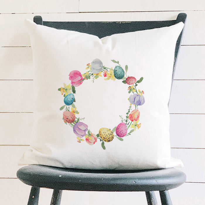 Tulips and Speckled Egg Wreath - Easter Square Canvas Pillow