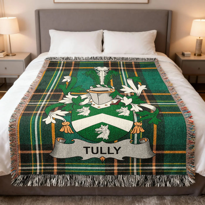 Tully Irish family crest woven blanket displayed on a bed.