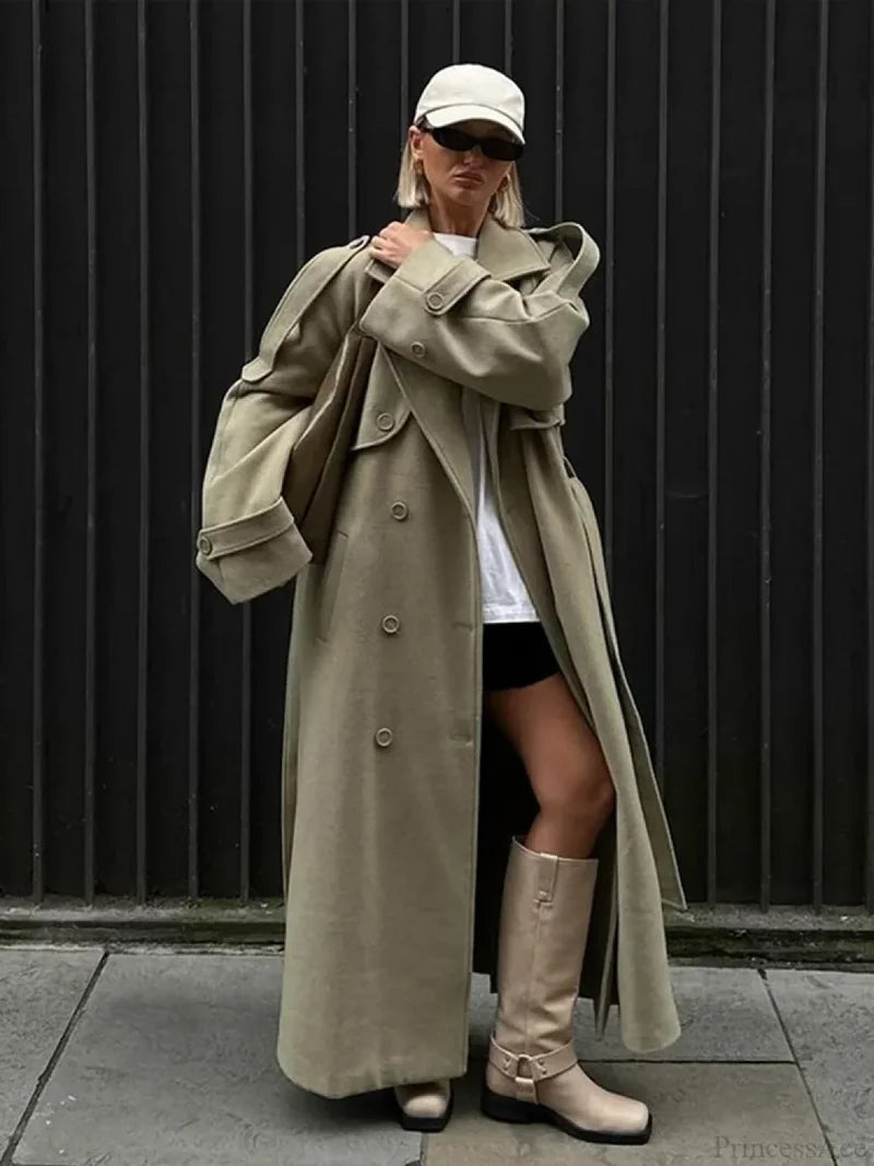 Turn-Down Collar Lace-Up Loose Overcoat Green / S