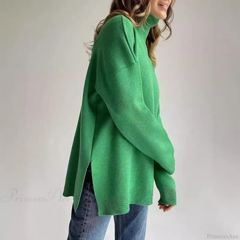 Turtleneck Casual Long-Sleeved Knitted Sweater Green / S