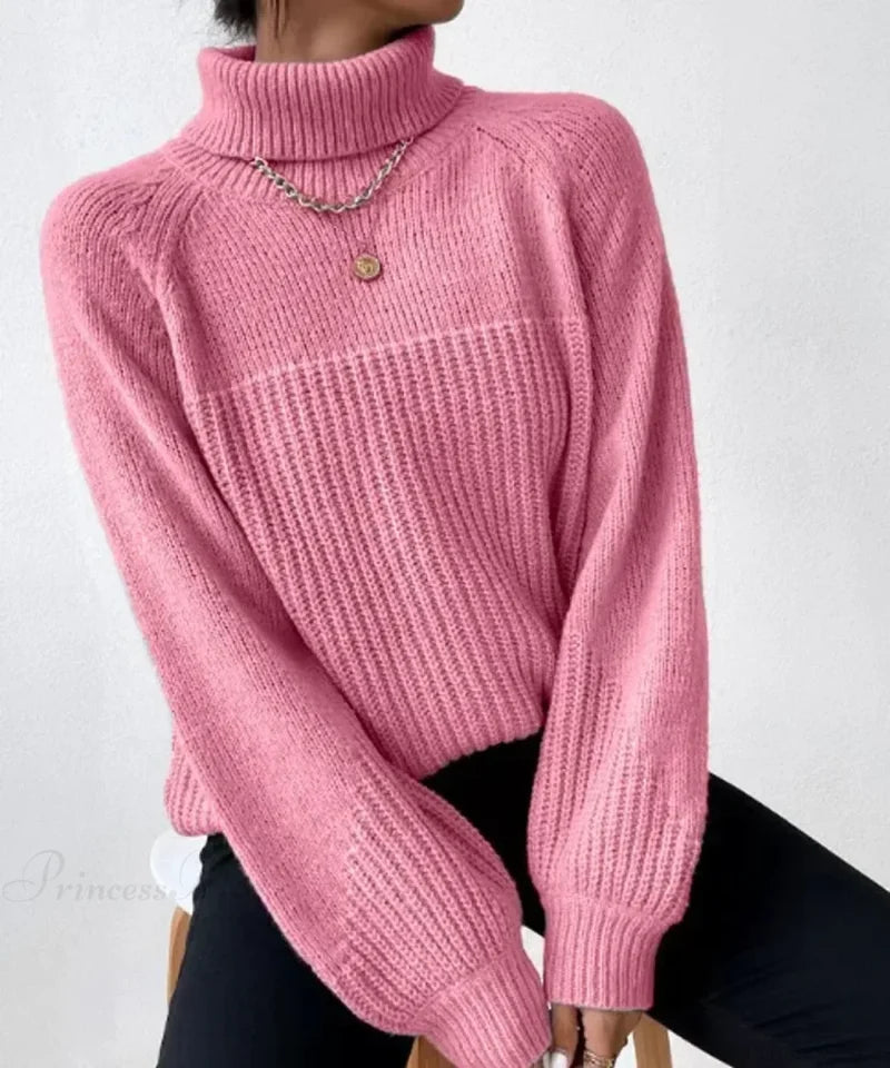 Turtleneck Cross Jacquard Sweater Pink / S