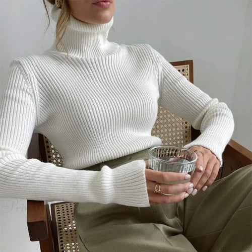 Turtleneck Slim Pullover Long Sleeve Sweater WHITE / M