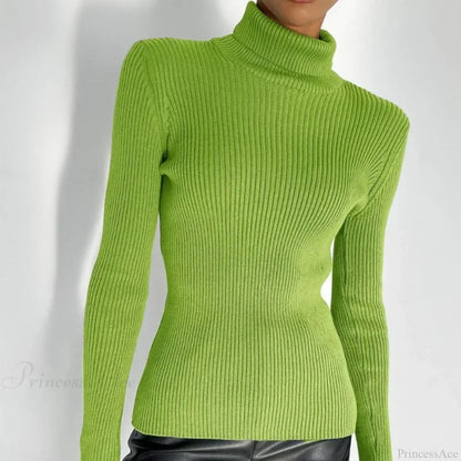 Turtleneck Slim Pullover Long Sleeve Sweater Green / M