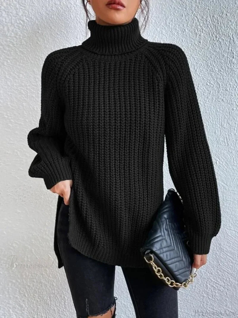 Turtleneck Split Crochet Thick Sweater Black / S