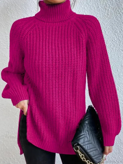 Turtleneck Split Crochet Thick Sweater rose red / S