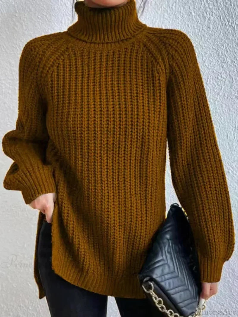Turtleneck Split Crochet Thick Sweater Brown / S