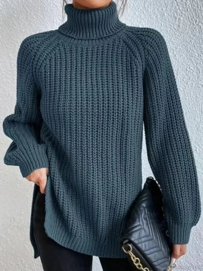 Turtleneck Split Crochet Thick Sweater Gray-blue / S