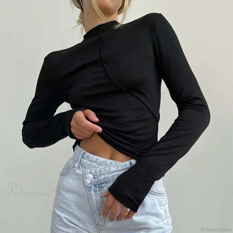 Turtleneck Y2K Long Sleeve Casual Slim Fit Knit Top Black / S knittop-250126
