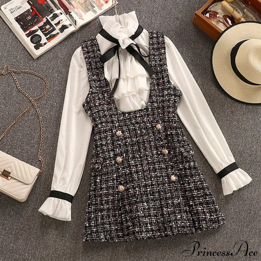 Tweed Elegant Gown Plaid + Chiffon Bow Top Double Breasted Vest Ruffles Blouse Set Dress And Top / S