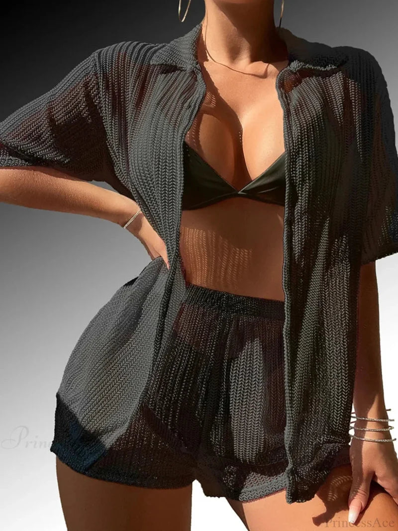 Two-Piece Hollow Out Bikini Cover Up Set Black / S