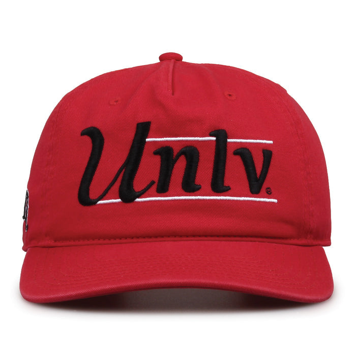 UNLV Rebels Original Heritage Bar Snapback in red, front view of embroidered school script and bar design
