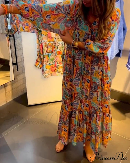 Print V neck A-Line Maxi Dress Multicolor 2023 f/w 23BF casual dress Casual Dresses Clothes Dresses spring vacation dresses