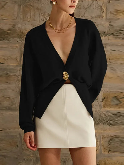 V-neck Button Slim Fit Cardigan Black / S