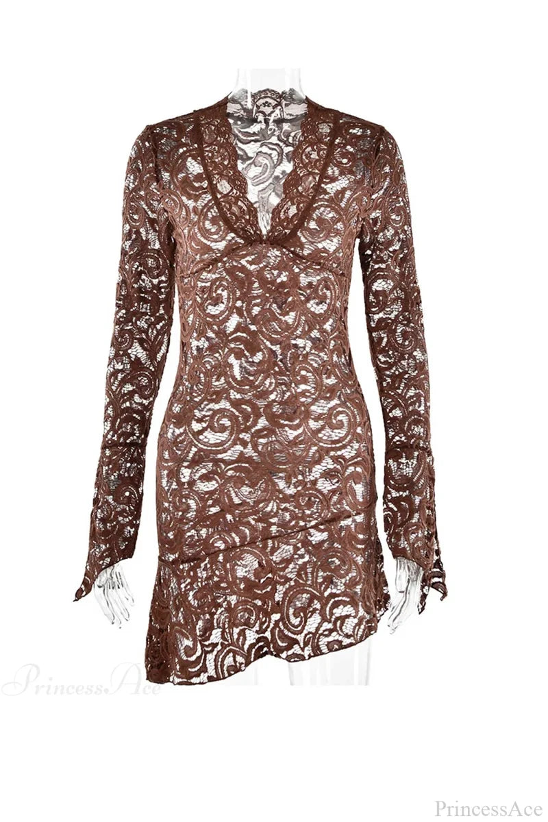 V Neck Flares Sleeve Lace Dress Mini Dresses