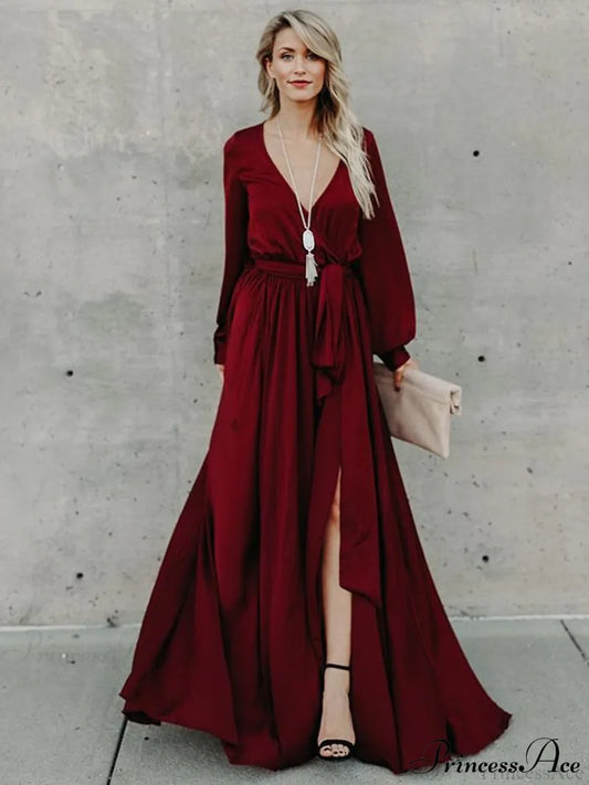 V-Neck Long Sleeves Belted Maxi Dress S / Green Dresses