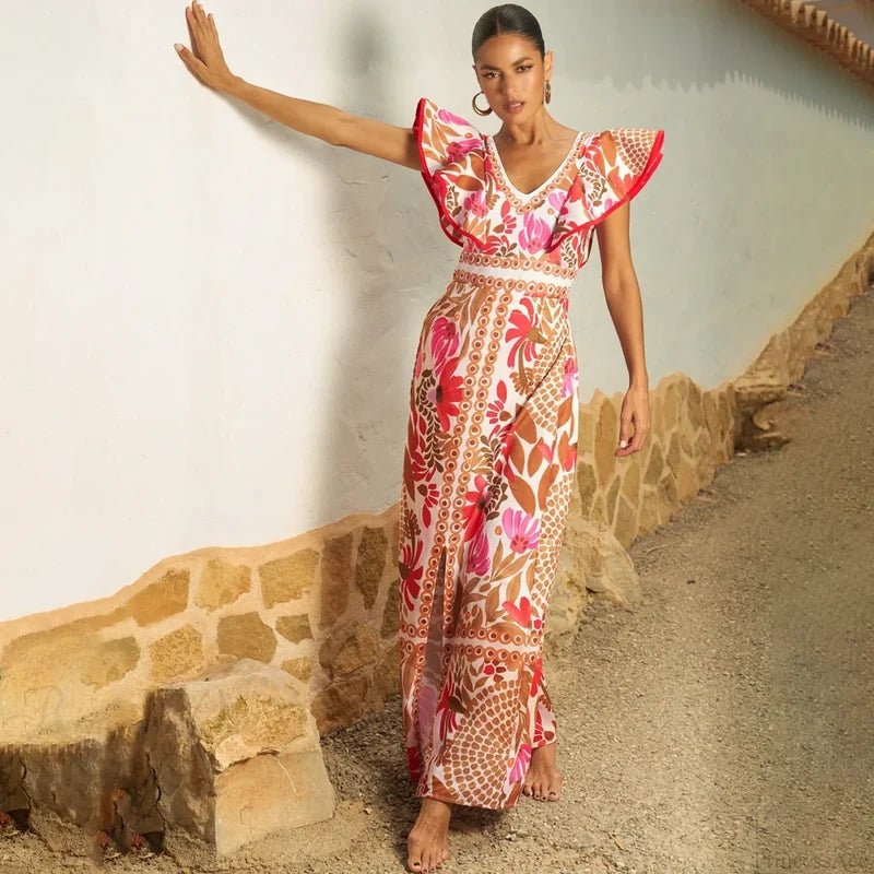 V Neck Retro Print Skirt Two Piece Set