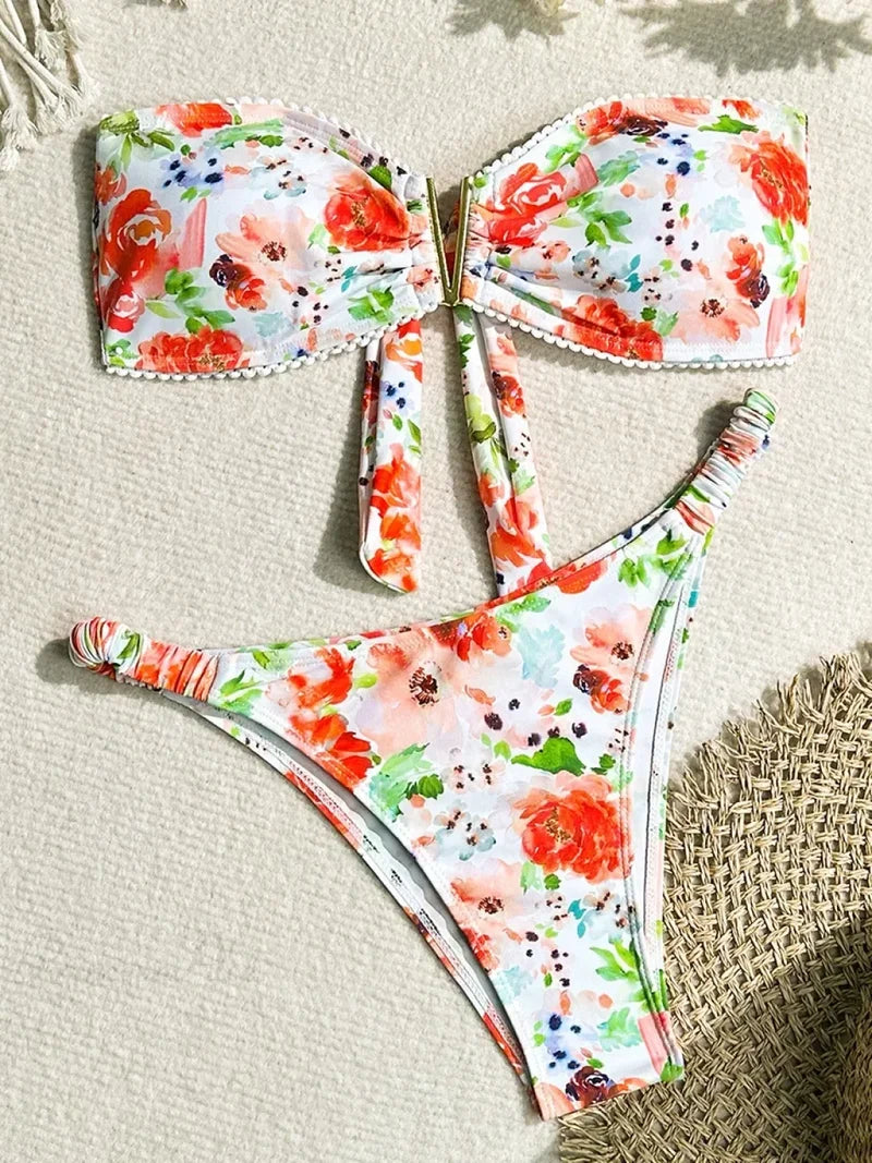 V Shaped Bandeau Floral Bikini Set range / S