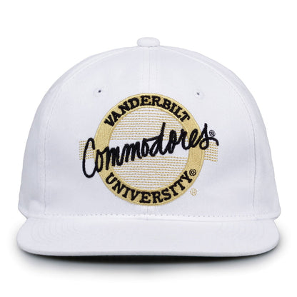Vanderbilt Retro Circle snapback hat in white, front view