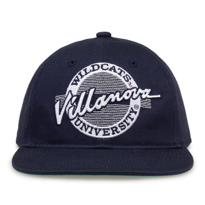Villanova Retro Circle snapback hat in navy, front view