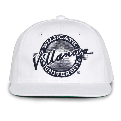 Villanova Retro Circle snapback hat in white, front view