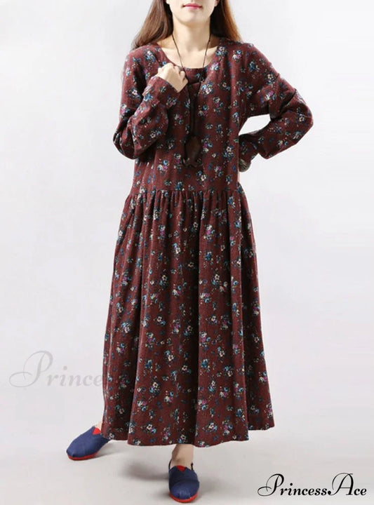 Vintage Floral Print Dress With Long Sleeves And O Neck For Women Pockets M / Khaki Party Dresses-L