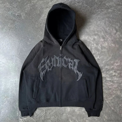 Vintage Gothic Printed Zipper Hoodie Black / M