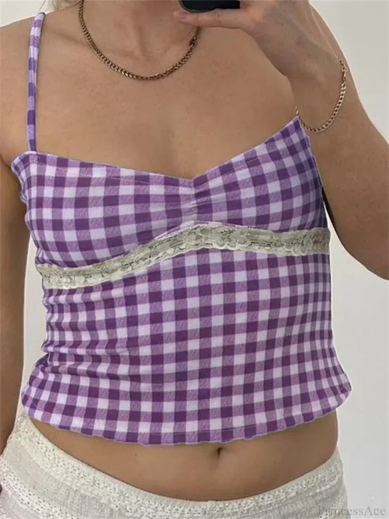 Vintage Plaid Lace Patchwork Spaghetti Crop Top PURPLE / S croptop-250126