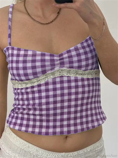 Vintage Plaid Lace Patchwork Spaghetti Crop Top PURPLE / S croptop-250126