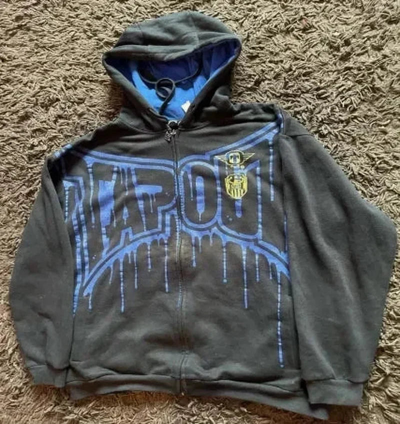 Vintage Skull Rose Print Hoodie blue / S