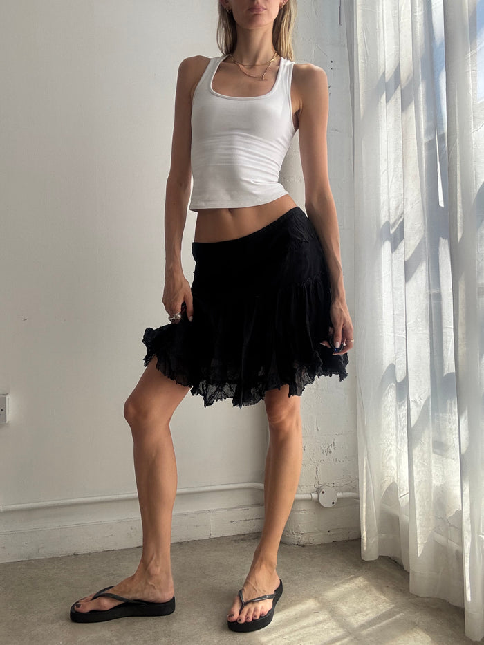Vintage Y2k Black Cotton Tiered Ruffle Mini Skirt  - Size S/M