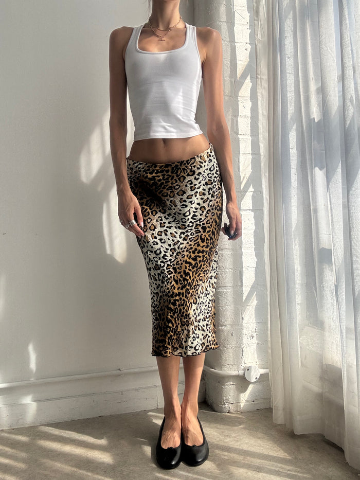 Vintage Y2K Leopard Print Silk Midi Skirt - Size S