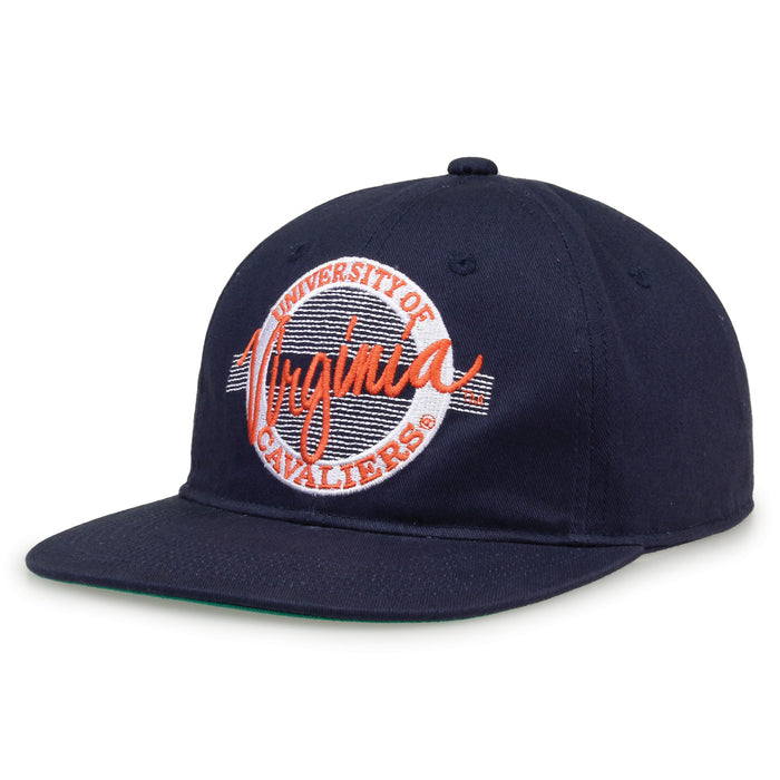 Virginia Retro Circle snapback hat in navy, angled view