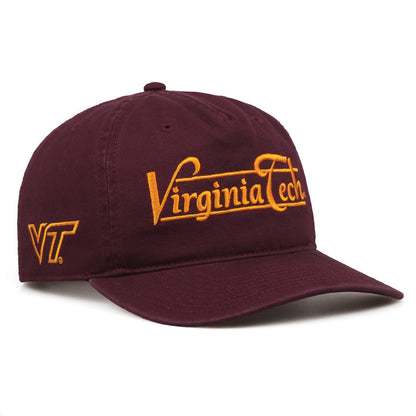 Virginia Tech Hokies Original Heritage Bar Snapback in dark maroon, angled view showing matching crown and brim