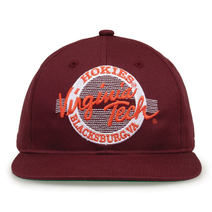 Virginia Tech Retro Circle snapback hat in maroon, front view