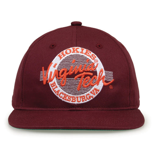 Virginia Tech Retro Circle snapback hat in maroon, front view